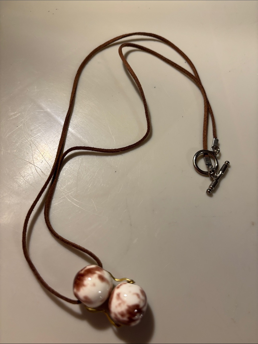 Hand Crafted Brown and White Ceramic Bead /leather Necklace 18”
